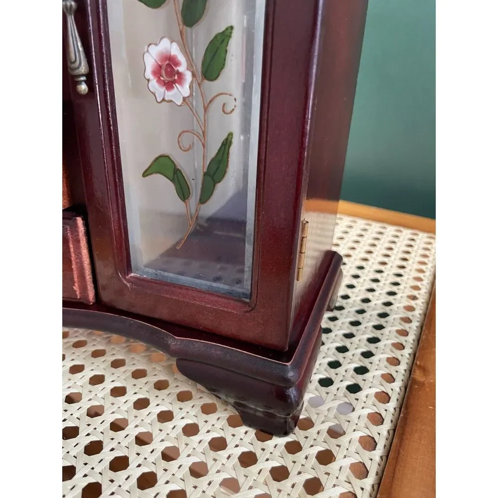 Vintage Wooden Jewelry Armoire Box with Floral Glass Doors & Necklace Carousel